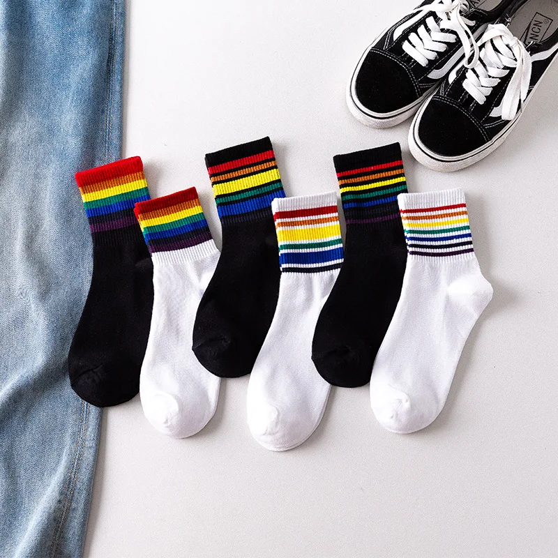 

Fashion Socks Cotton Rainbow Stripes Christmas Gift Classic Warm Casual Tide Harajuku Funny Cute Pop Korean Socks For Women