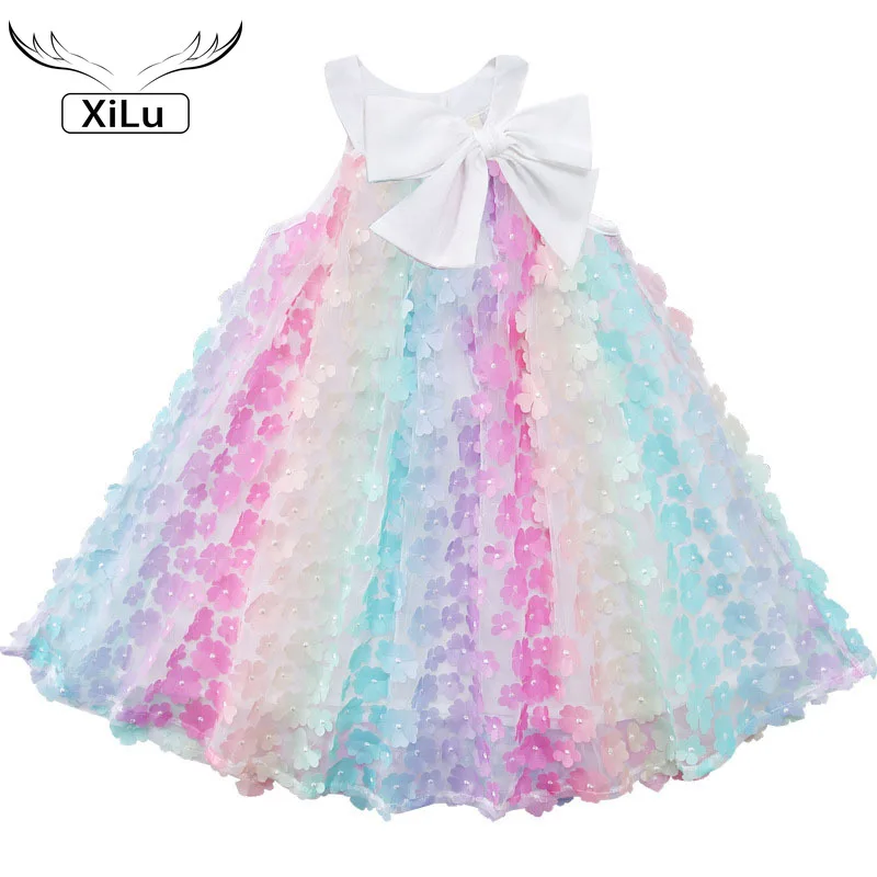

Korean Fashion Three-dimensional Flower Dress Rainbow Skirt Kids Dresses for Girls Summer Clothes 2021 Flower Girl Dresses