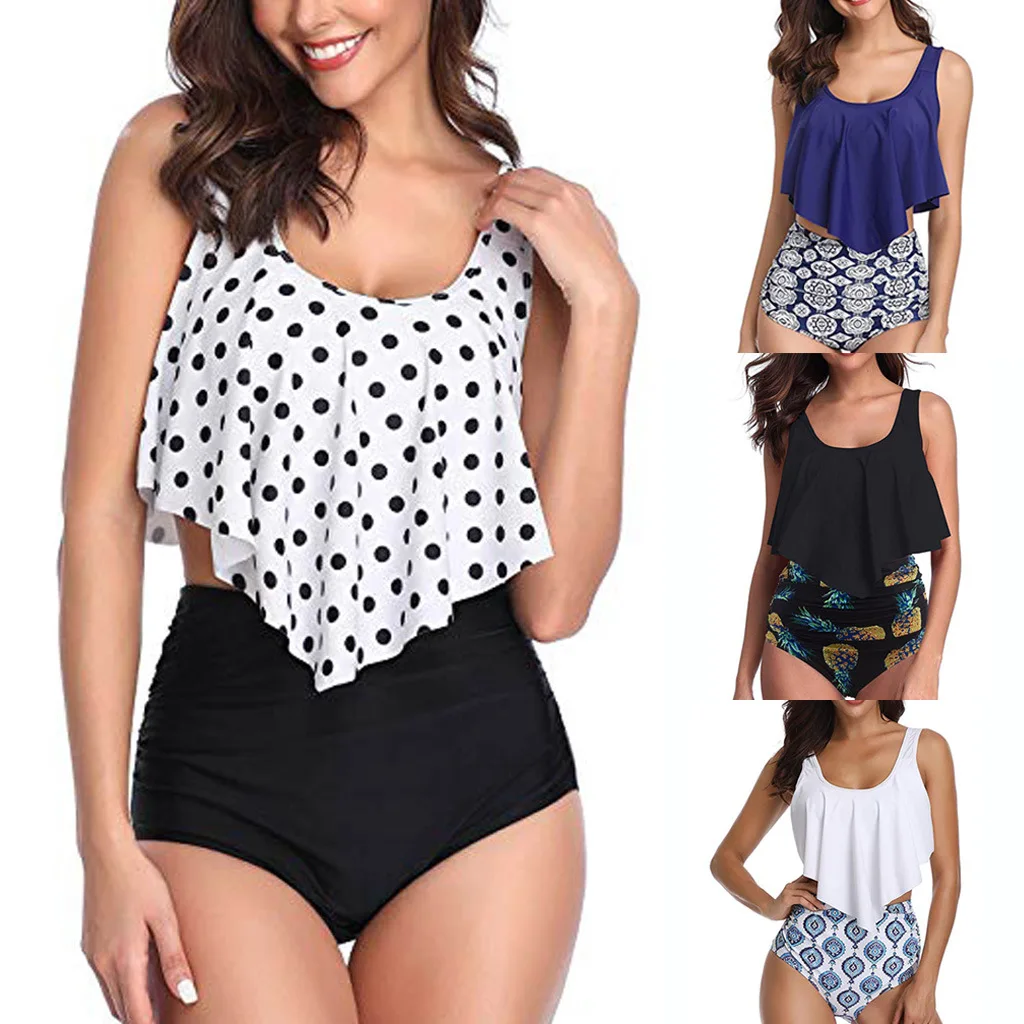 

Sexy High Waist Bikini Florial Print Tankini Halter Sexy Bikini Set Polka Dot Female Swimwear Ladies Bathing Suit Plus Size 2XL