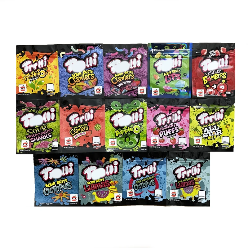 

Trrlli 600mg Errlli Ziplock Pouch Sour Brite Crawlers Very Berry Worm Crawlers Limams Edibles Empty Mylar Packaging Bags(No Food