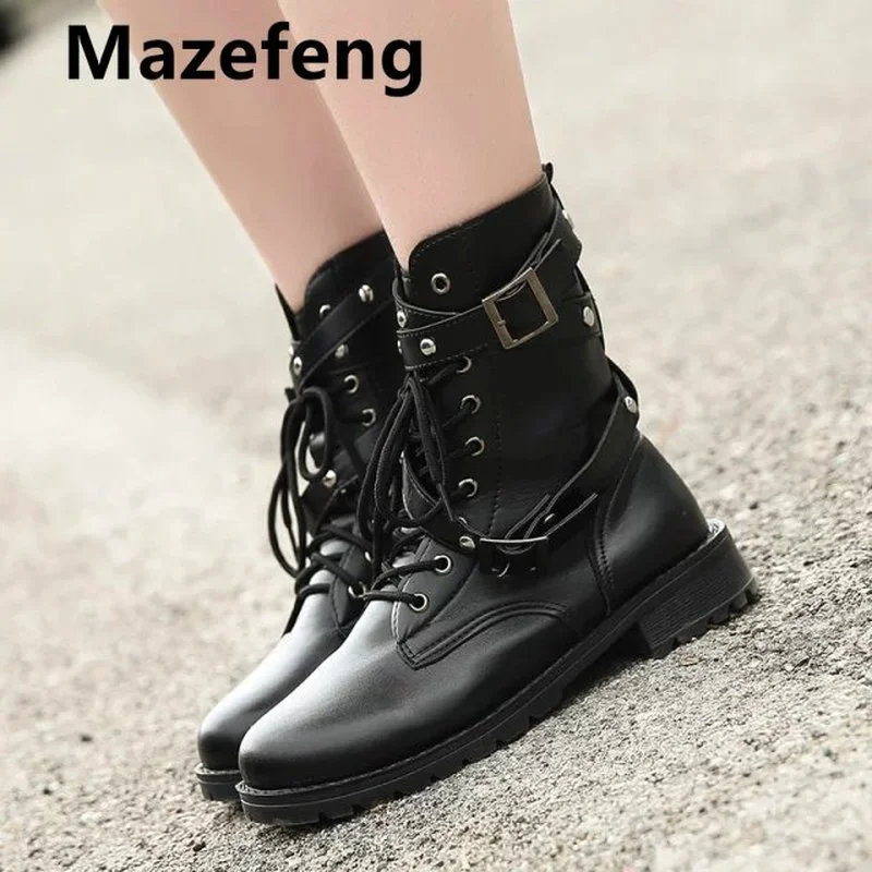 

Ботильоны Mazefeng из искусственной кожи женские, черные, с круглым носком, на шнуровке, модные мотоциклетные ботинки на платформе, осень-весна ...