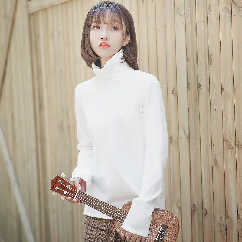 

Chic Khaki 2020 New Solid Color Turtleneck Long Sleeve T-shirt Women's Autumn and Winter Wild Bottoming Shirt plus Velvet Pile