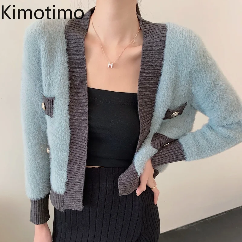 

Короткий кардиган Kimotimo, женский корейский шикарный темпераментный дизайн, свитер с V-образным вырезом, пальто, Осень-зима 2021, модная одежда с...