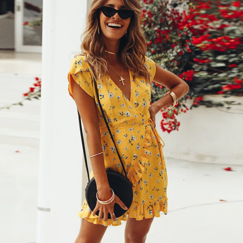 

Boho Floral Printed Women Dress Sexy V-Neck Short Sleeve Ruffles Bandage Summer Female Beach Dresses Vestidos W658