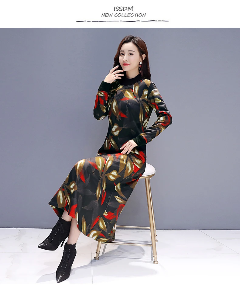 P Ammy Winter Plus Velvet thickening Floral print Retro Mid-Long Dress women Fleece Lining Slim Dress plus size
