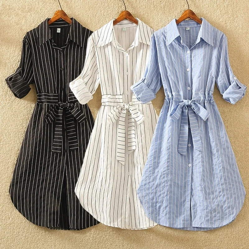 Vestidos летнее женское платье 2019 Полосатая туника с длинным рукавом элегантное