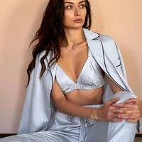 fashion solid color satin robe set with bra sexy pajamas set female home suit for women pajama 2021 spring long sleeve sleepwear