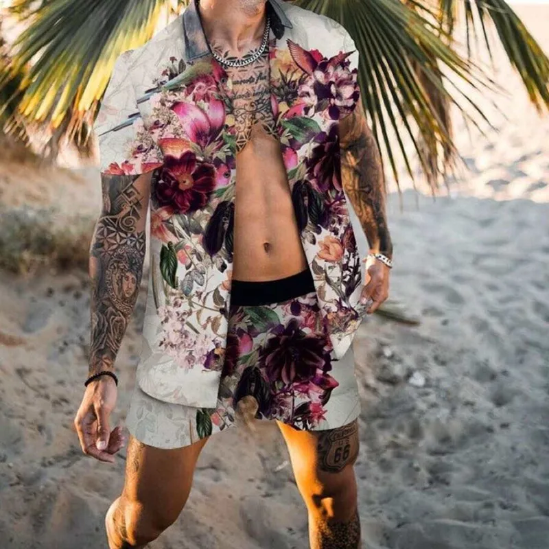 

2021 New Flower Casual Hawaiian Set Men's Beach Lotus Print Shorts Men's Beach Shirt Set Two-piece M-3XL