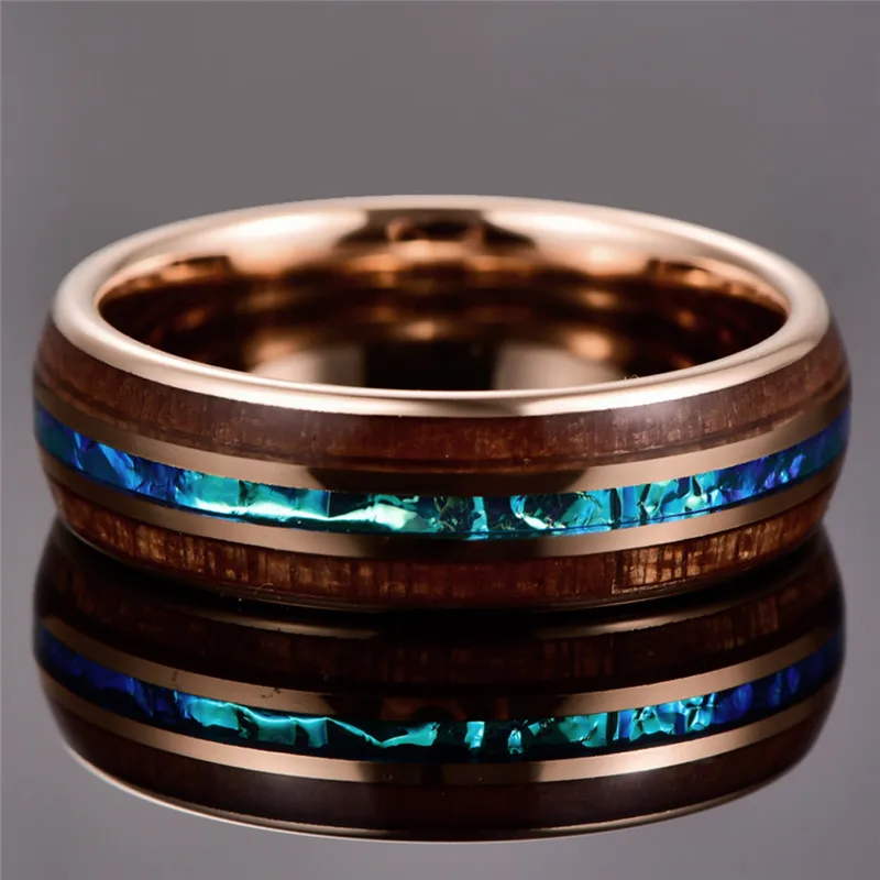 NUNCAD Wood Tungsten Carbide Ring For Men 6MM Rose Gold Acacia Imitation Opal Dome tungsten Steel Ring Anillo Hombre