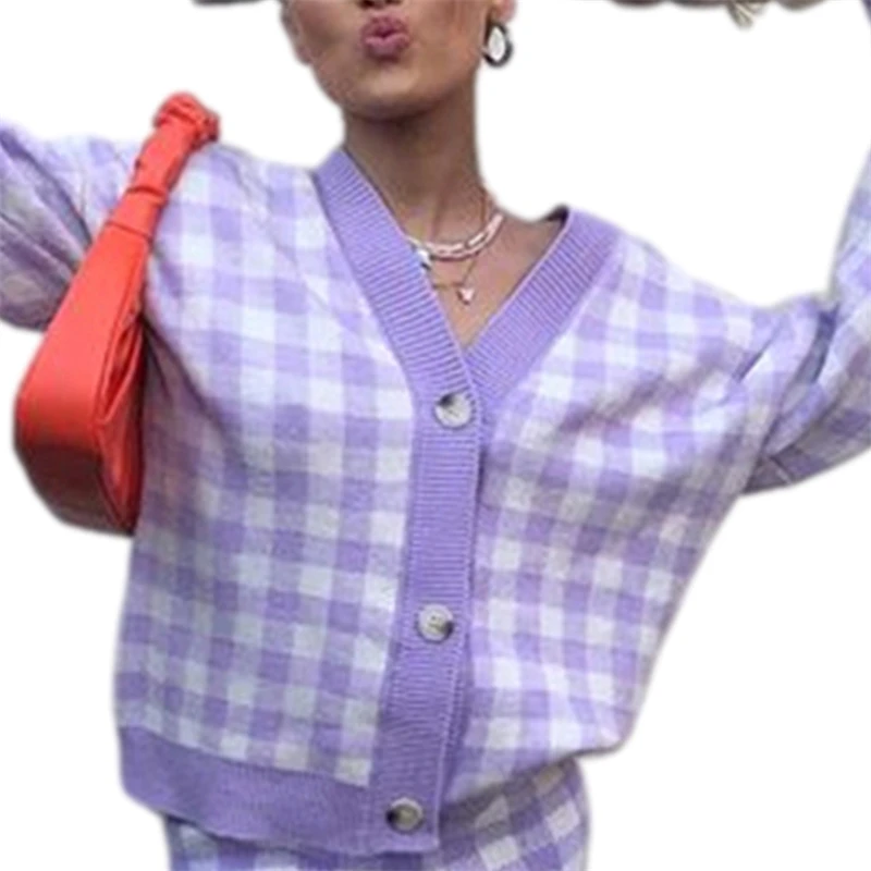 

Hirigin 2021 2Pcs Women Tracksuit Plaid V-Neck Long Sleeves Button-Open Knit Cardigan + Shorts Suit for Girls, Purple