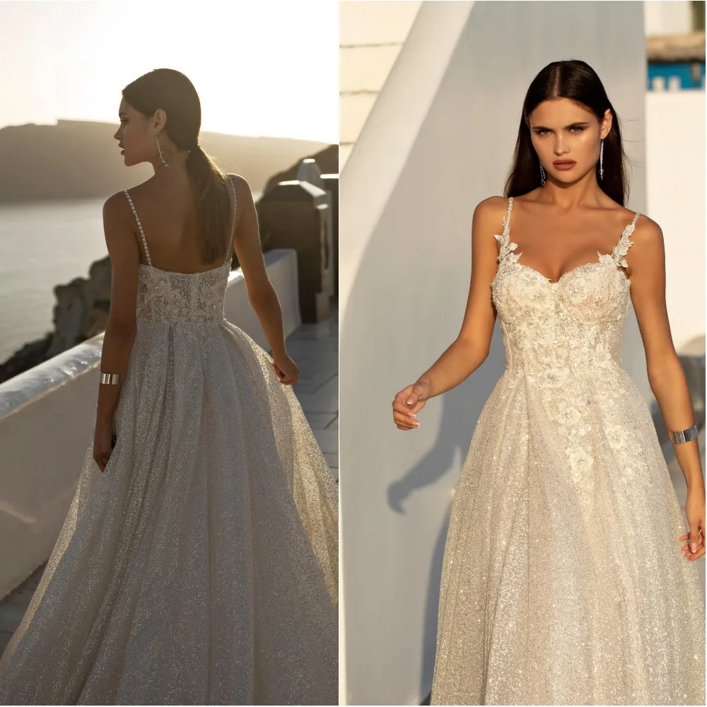 

2020 Lace Wedding Dresses Spaghetti Straps Appliques Beads Bridal Gowns Custom Made Backless Sweep Train A Line Wedding Dress