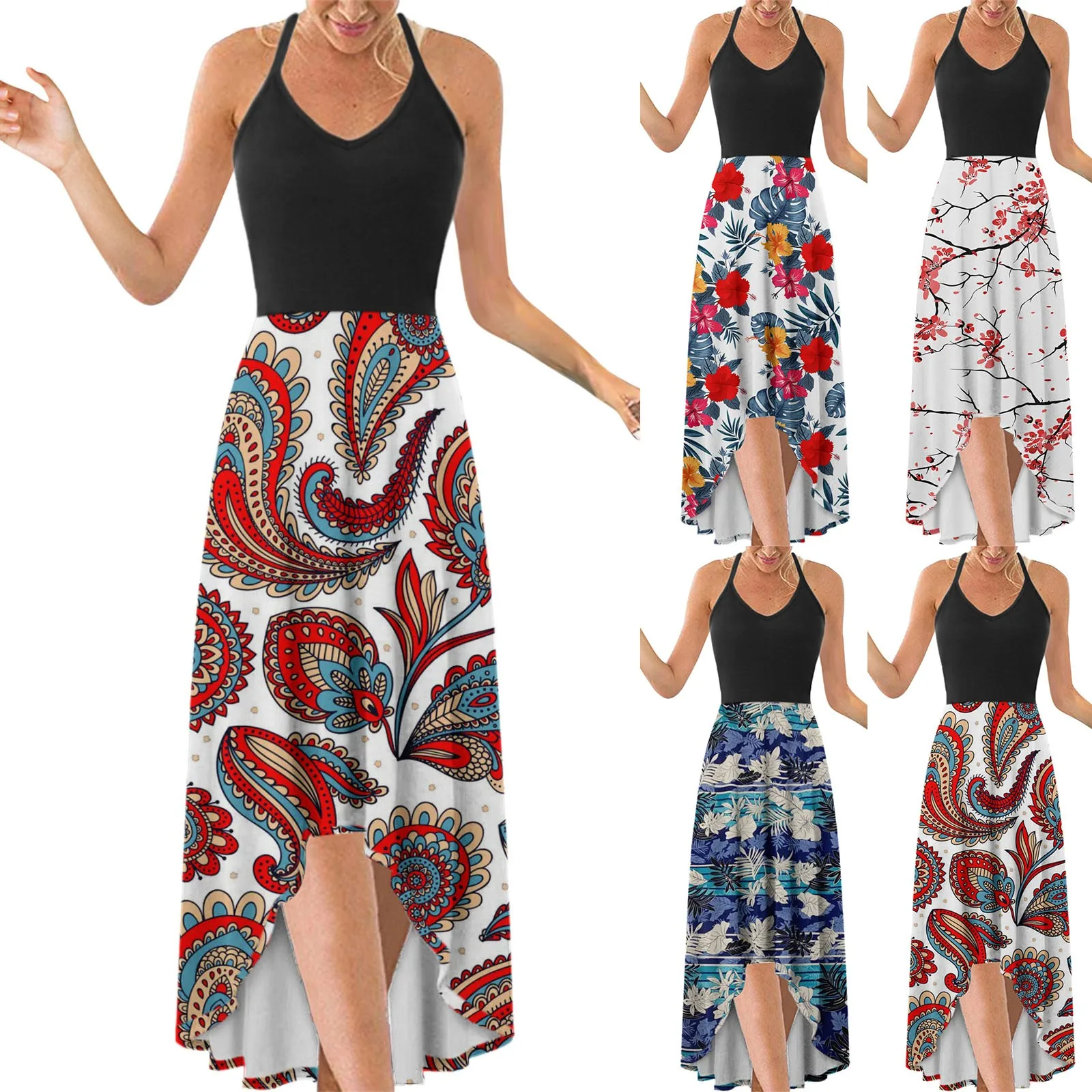 

FREE OSTRICH Dresses For Women V-neck Elegant Irregular Hem Prints Long Party Dress Spaghetti Strap Dress Boho Beach Dress#G