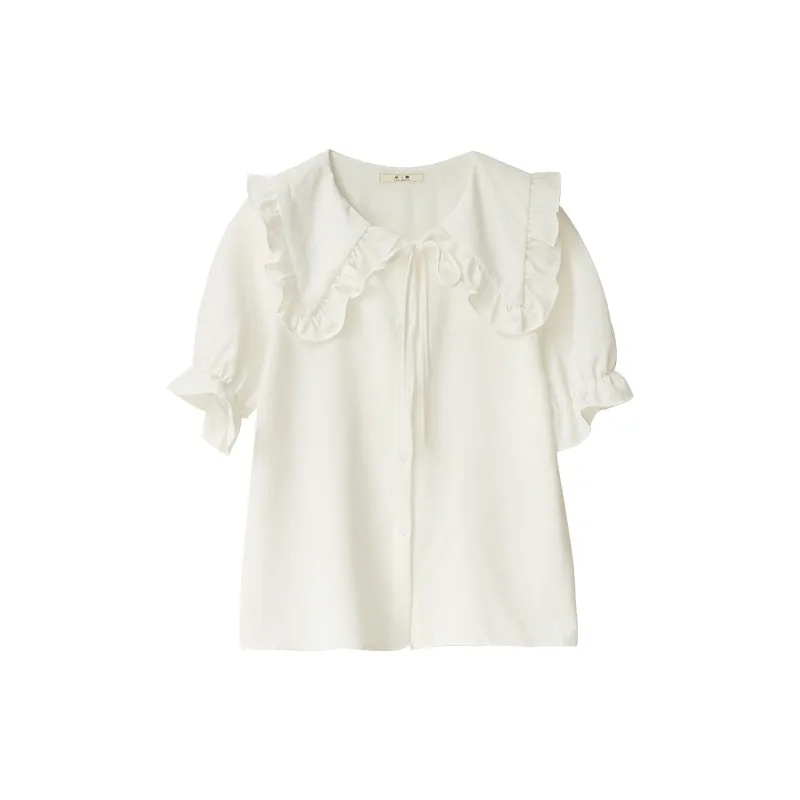 

Gentle Japanese baby collar lace up Chiffon Top Women's summer design small sweet bubble sleeve white shirt