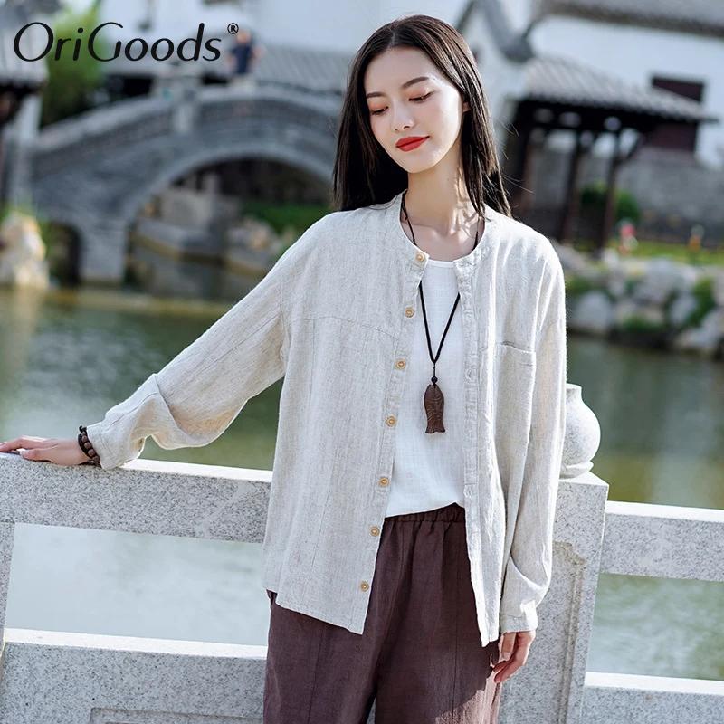 Женская льняная блузка OriGoods винтажная однотонная оригинального дизайна с