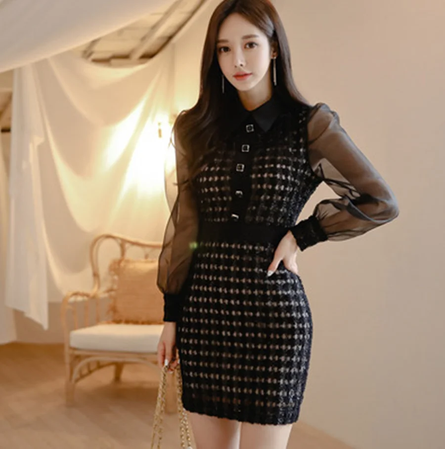 

DALMAZZO 2020 Newest Autumn Ladies Mesh Sleeve Knit Cotton Runway Dresses Women Korean Fashion Slim Package Hip Midi Dress Mujer