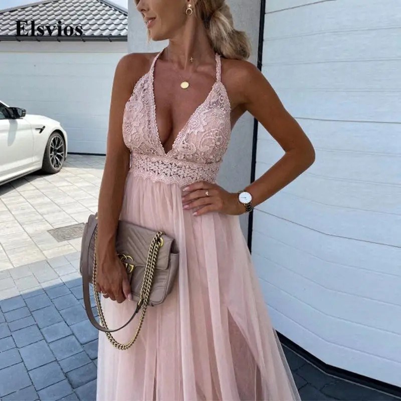 

Sexy Backless Lace-Up Bowknot Party Dress Elegant Deep V Neck Lace Mesh Maxi Dress Women Sleeveless Off Shoulder Long Dresses