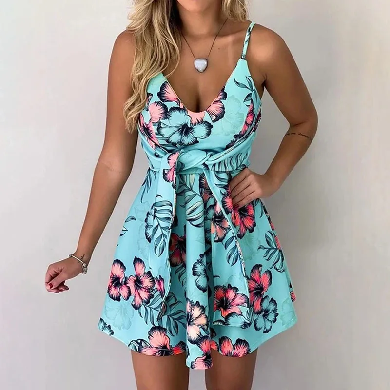 

Summer Dress Spaghetti Straps V Neck Backless Floral Mini Dresses for Women Party Sexy Vestidos
