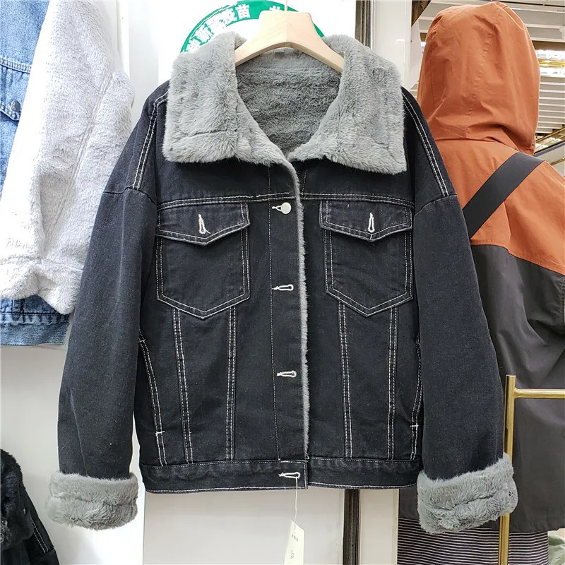 

2021 Autumn Winter Vintage Black Denim Parkas Korean Loose Casual Single Breasted Long Sleeve Jeans Casacos De Inverno Feminino