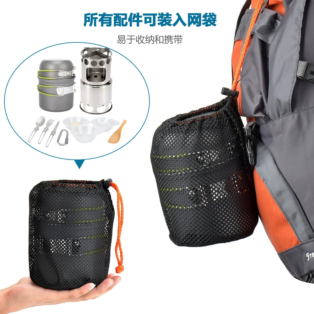 

Camping Stove Outdoor Cookware Mess Kit Outdoor Folding Wood Stove Camping Pot Set Bowls Spoon Fork Cutter Tableware Cooking Set