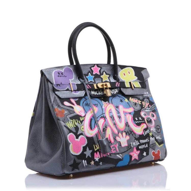 2020 American Graffiti Printed Cartoon High Quality Real leather Platinum Package Buckle handbag Multicolored print for New York | Багаж и