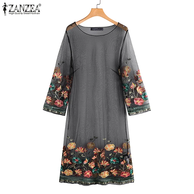 ZANZEA женское платье сексуальное Сетчатое 2020 винтажное с вышитыми цветами