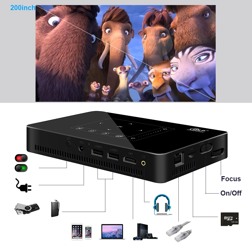 Мини-проектор WZATCO Android 2G 16G P10 Wi-Fi Bluetooth с аккумулятором поддержка 1080P 4K карманный