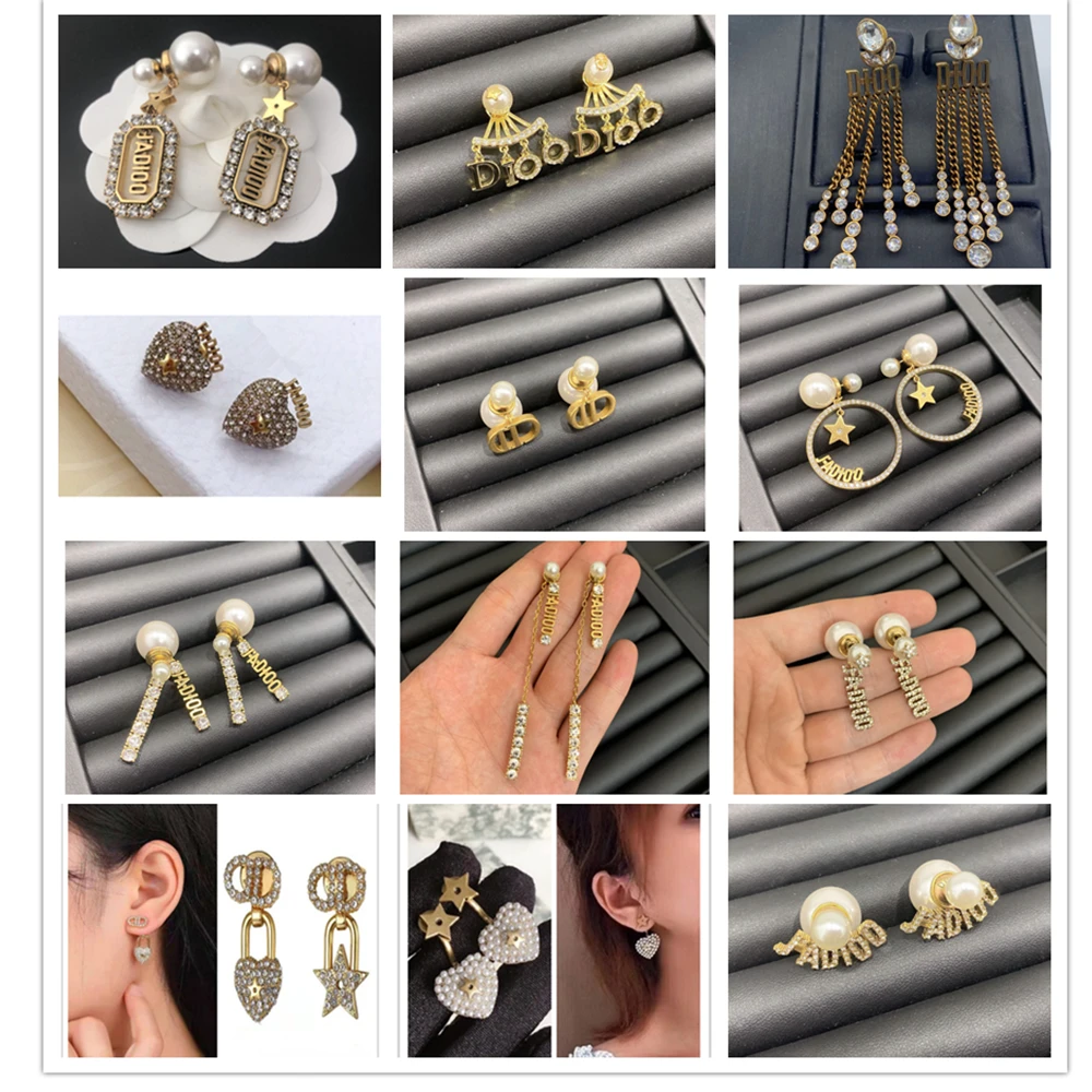 

12 Designs Fashion Vintage Gold Plated Copper Metal Zircon Letter Imitative Pearl Pendant Earring Women Jewelry Item X03