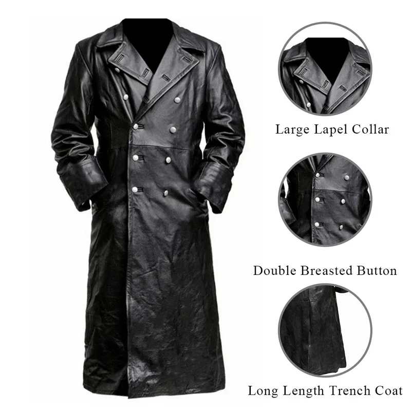 

Button Closure PU Leather Jacket Top Quality Long Trench Winter Men's Vintage Business Outerwear Premium Officer Black Coat 5XL