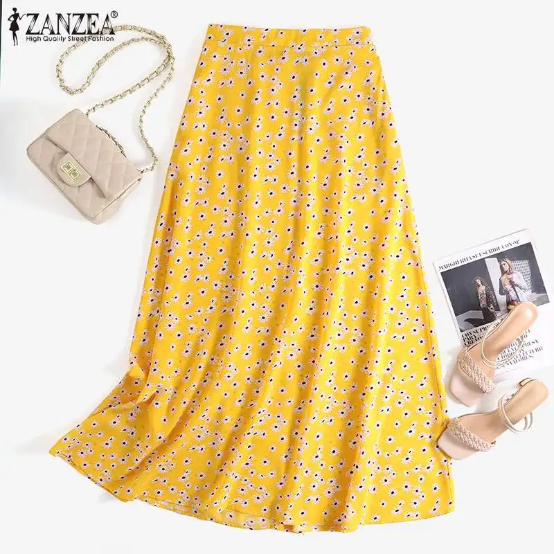 

Юбка ZANZEA женская с цветочным принтом, праздничная Повседневная Длинная Элегантная трапециевидная юбка с завышенной талией, лето 2021