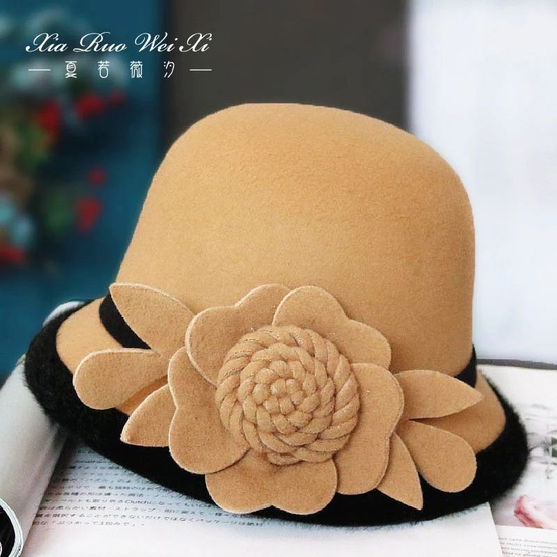Новинка Зимняя женская шерстяная шапка с цветочным принтом шляпы-федоры