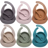 food grade silicone adjustable baby bibs kids solid color waterproof feeding saliva towel toddler bowl plate and spoon