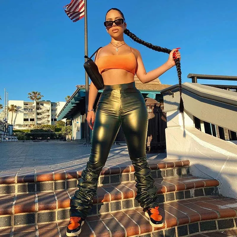 

Hot Ladies Sexy Skinny Black Faux Leather Pants for Womens Casual Micro Flare Stacked Pants Fall Woman Clothing Pantalon En Cuir