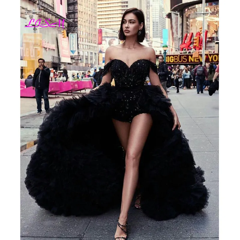 

Sparkly Black Beaded Crystal Prom Dresses With Detachable Train Sexy Off The Shoulder Long Evening Gowns Tulle Formal Dress 2021