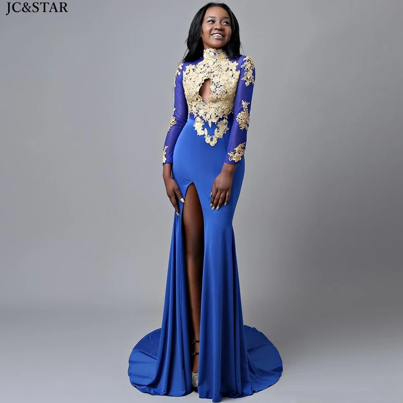 

Vestido gala, новые атласные наклейки с высоким воротом, с длинным рукавом, с высоким разрезом, сексуальные, Русалочка, королевский синий, золотой,...
