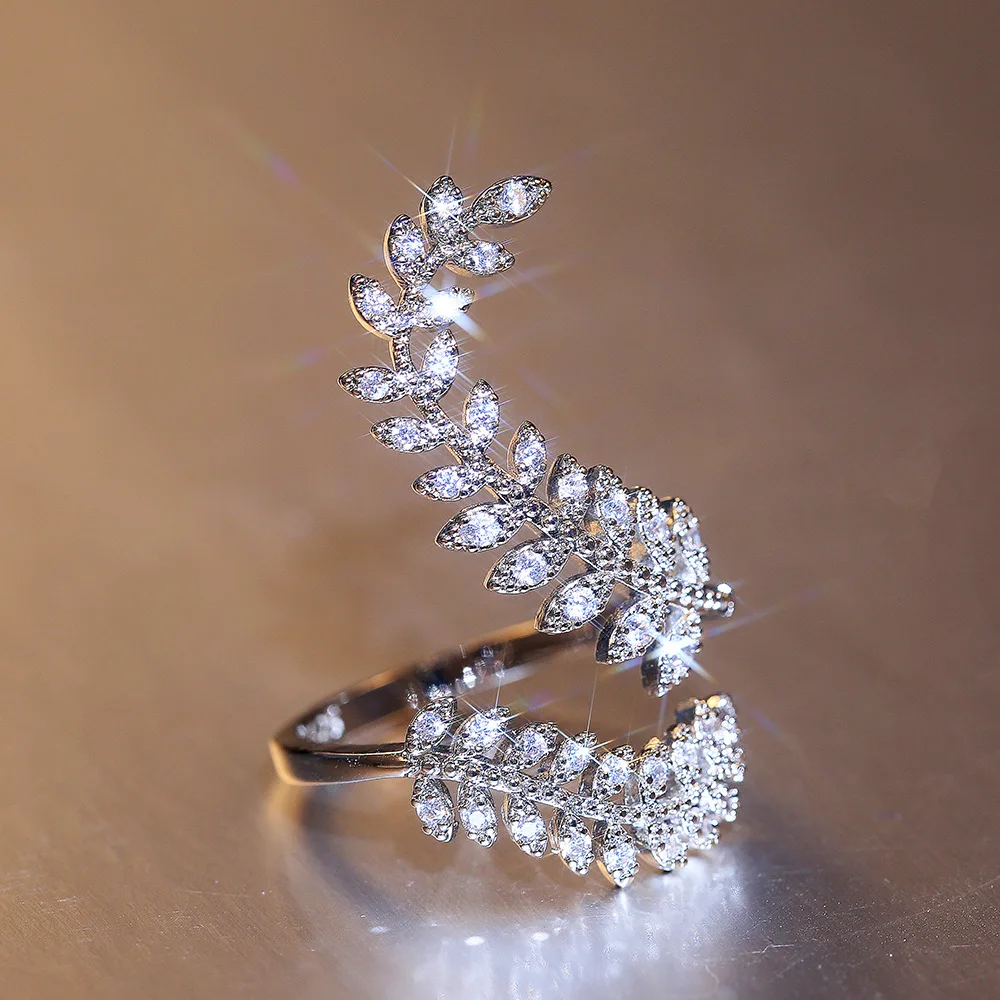 

Exquisite Creative Plant Leaf Ring Luxury 925 Sterling Silver Zircon Inlay Open Resizable Wedding Rings Christmas Present