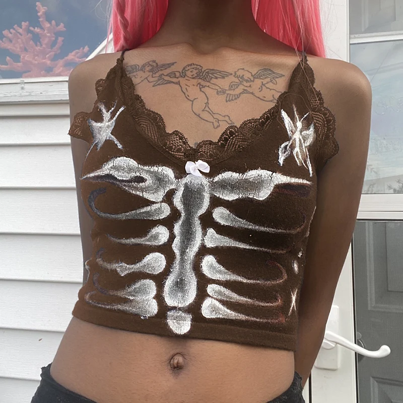 

Укороченный Топ Harajuku с принтом костей E-girl, готический гранж, кружевная отделка, V-образный вырез, кавайные топы на бретелях для женщин, винта...