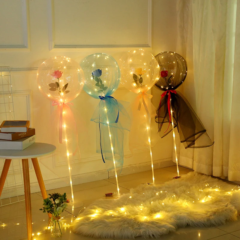 

LED Luminous Balloon Rose Bouquet Transparent Bobo Ball Rose Valentines Day Gift