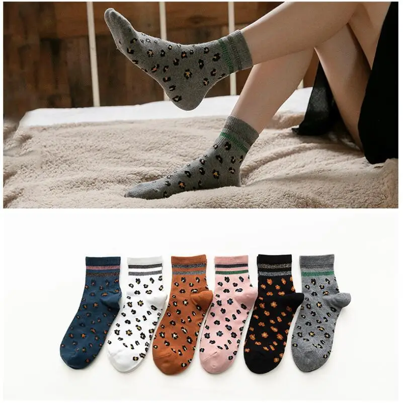 Women Solid Leopard Cotton Socks Lurex Striped Cuff Stripes Warm Thick Winter Girls Pink Grey Ankle 6pairs/lot | Женская одежда