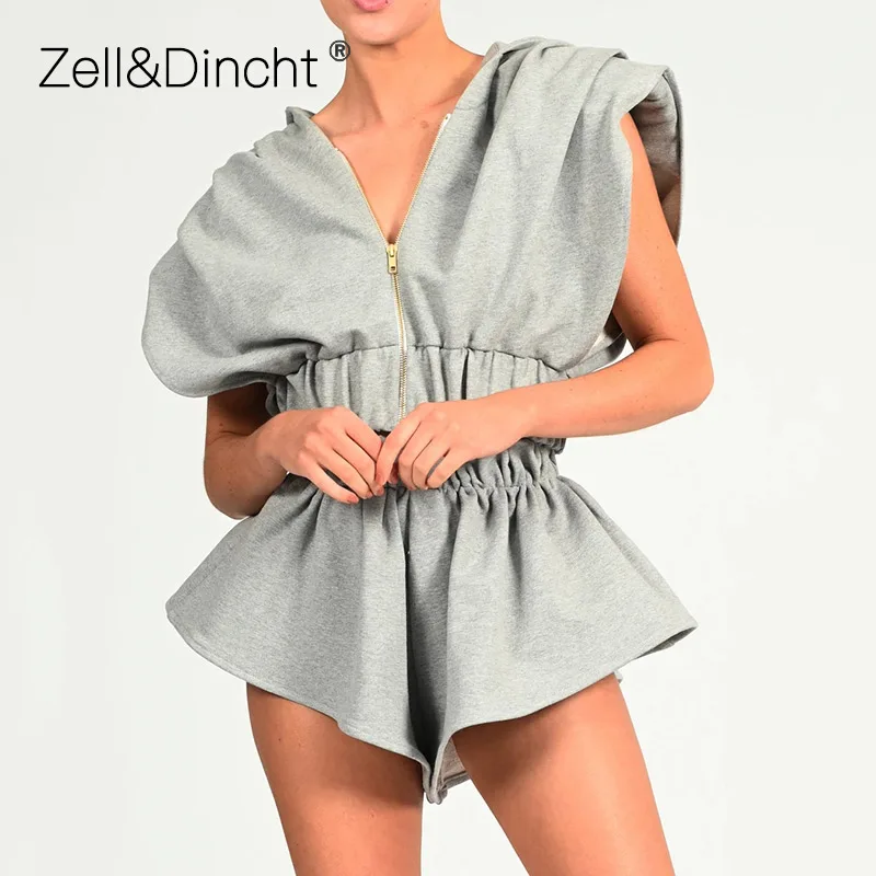 

Женский Повседневный комплект Zell & Dincht, трикотажный топ без рукавов с капюшоном и широкие шорты на резинке, лето женский костюм