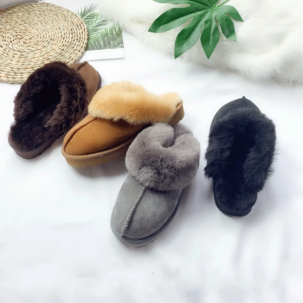 Плюшевые тапочки из овечьей кожи женские домашние зимняя теплая обувь удобные