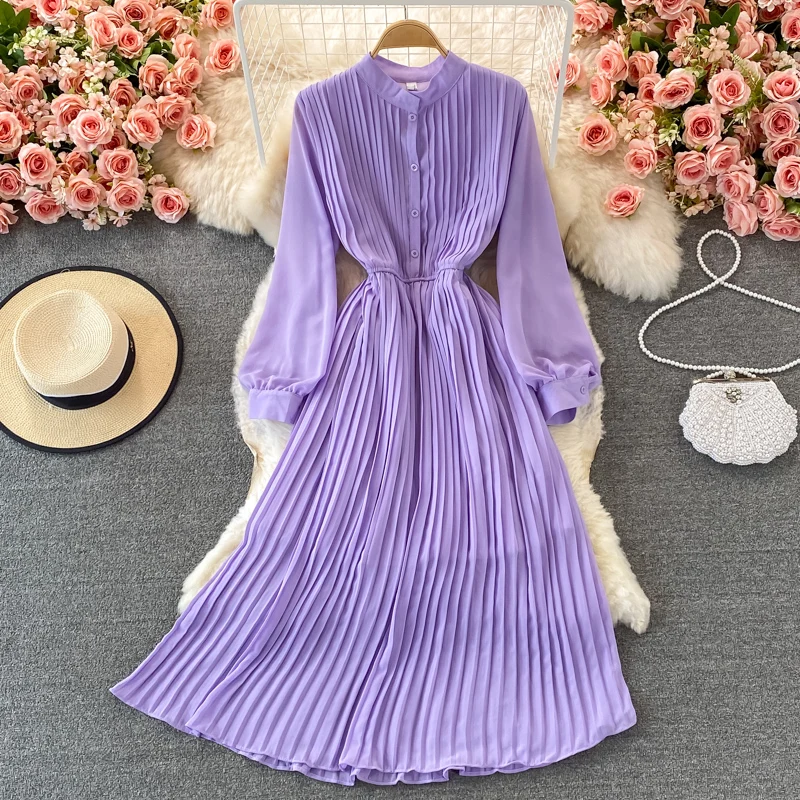 

2021 Women Long Dress Commute Slim Full Sleeves Long Dress Urban Ladies Chiffon Dress Tunic Pleated Mid-calf A-line Swing Dress