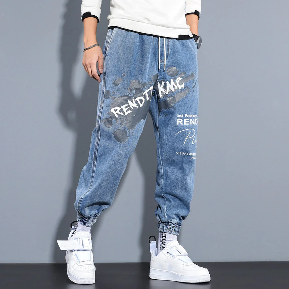 Spring Jeans Men Harlan Loose Casual Tie Foot Pants Trend Drawstring Men's English Offset Printing Trousers Youth Hip-hop Wear