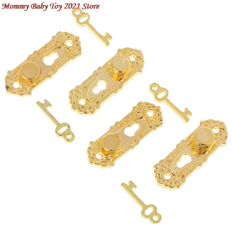 

4set Door Mini Pull Handles Locks with Key 1/12 Scale Metal Vintage Dollhouse Miniature Furniture Accessories Kids Toys