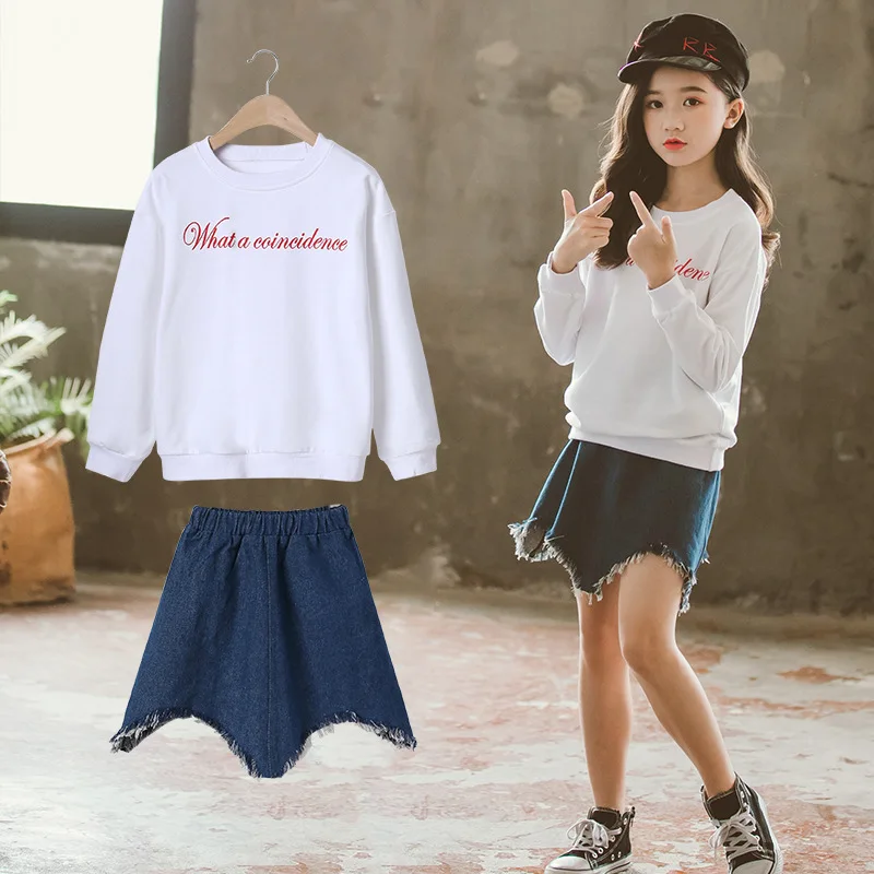 Детская одежда весенний комплект для девочек 2020 с джинсами хлопковая белая кофта