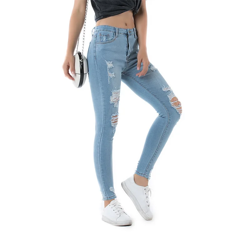 Женские рваные джинсы с дырками синие винтажные высокой талией узкие джинсовые