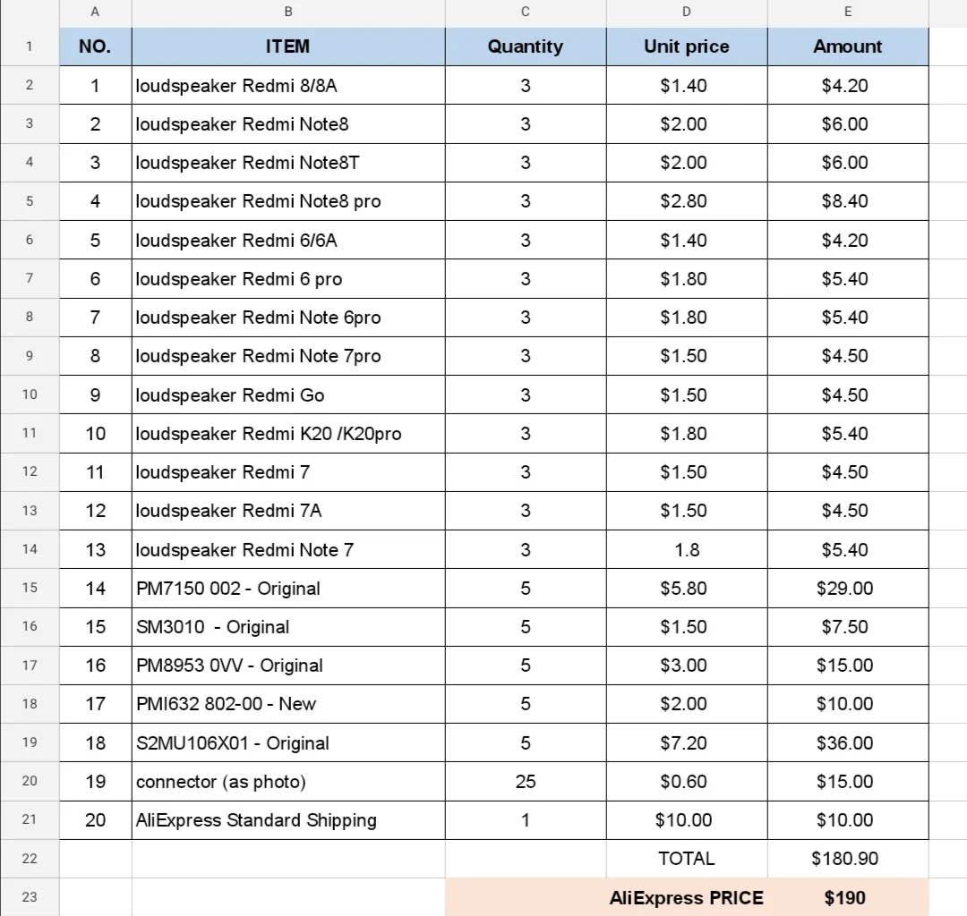 

Order Link For Parts Order $190 with AliExpress Standard Shipping