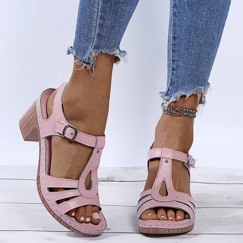 

2022 New Summer Shoes Women High Heels Sandals Casual Woman Heeled Shoes Women Sandals Peep Toe Mother Shoes Square Heel 7.5cm