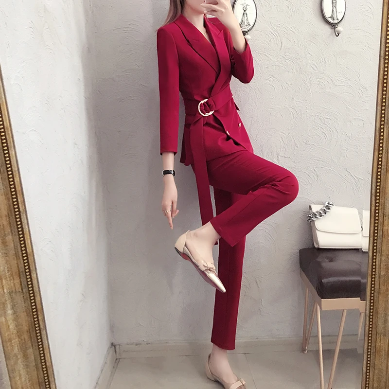 

High-end fashion British style suit female spring and autumn new tie with waist slimming temperament suit nine pants two sets