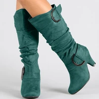 womens pointed toe low heels knee high boots solid suede side zipper booties with belt buckle fall winter outdoor travelling