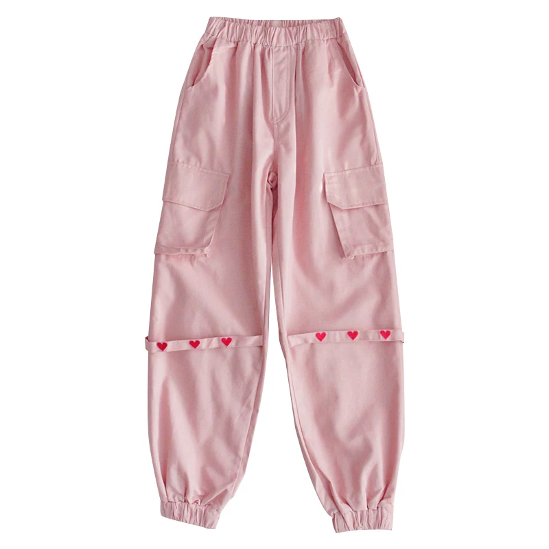 

2 Colors New Gothic Beam Feet Overalls Female Heart Embroidery Trousers Harajuku Kawaii Cargo Pants Women